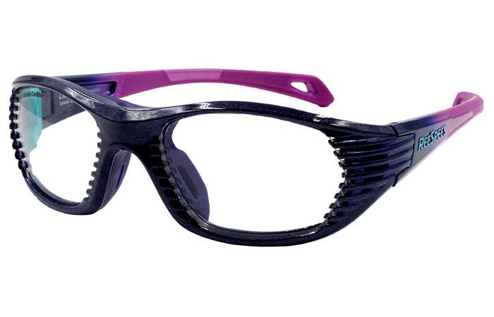 Purple and black RecSpecs Maxx Air wraparound safety glasses with clear lenses, a textured frame, and a small rectangular "REC SPECS" logo on the side. The arms are adjustable and contoured.