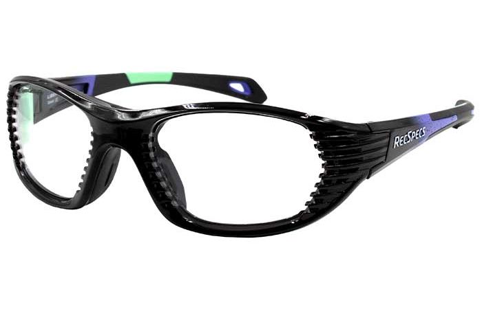 A pair of black RecSpecs Maxx Air sports glasses with clear lenses, featuring a distinctive textured design on the frame and side arms. The glasses are branded with "RecSpecs" on the side. The arms have accents of blue and green near the hinges.