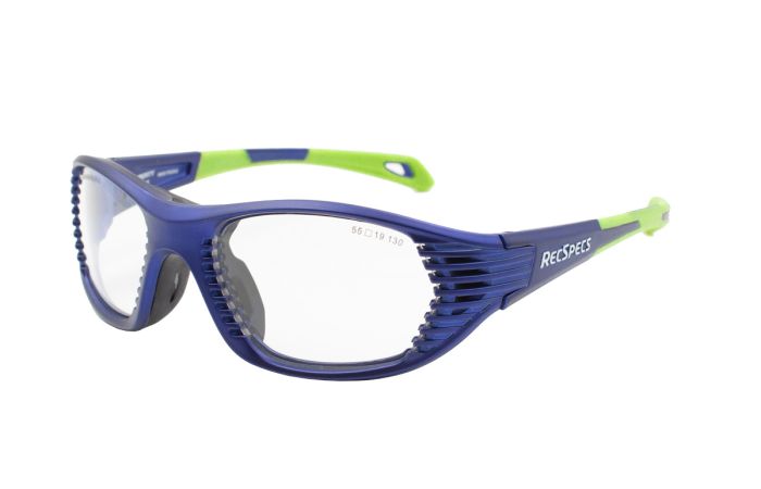 A pair of RecSpecs Maxx Air sports goggles with a blue and green frame. The lenses are clear, and the word "RecSpecs" is printed on the side. The frame has a unique, ribbed design on the temples and a breathable nose bridge for added comfort.