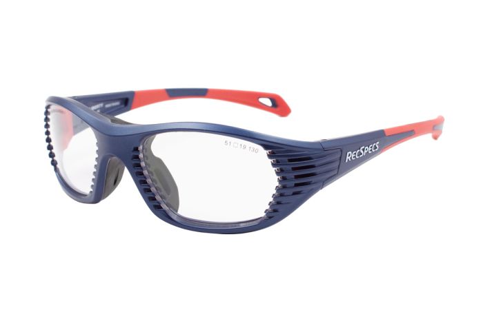 Stylish sports glasses with clear lenses and a blue and red frame. The side of the frame says "RecSpecs." The frame design features ribbed details around the lenses and a wrap-around form for a secure and comfortable head fit. This is the RecSpecs Maxx Air by RecSpecs.