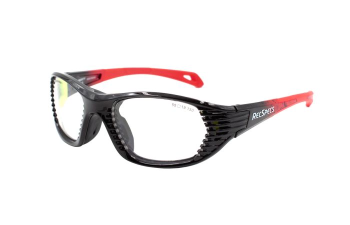 A pair of sporty prescription glasses with black frames and red temple arms. The left temple arm has the brand name "RecSpecs" printed in white. The lenses are clear, and the frame design includes multiple ventilation slits on the sides. This product is known as RecSpecs Maxx Air.