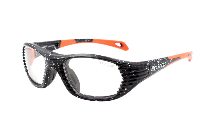 A pair of RecSpecs Maxx Air sports glasses with a black frame featuring white speckles and an orange accent on the temples. The frame has a textured design for added grip and the brand name "RecSpecs" is visible on the temples. The lenses are clear.