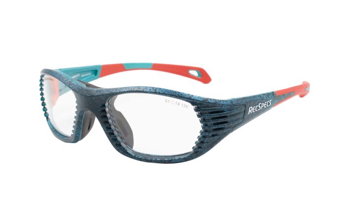 A pair of RecSpecs Maxx Air sport glasses with a blue and red frame. The frame features a rugged design with a textured pattern around the lenses and the brand name "Rec Specs" printed on the side. The temples have blue and red accents, adding to the sporty appearance.