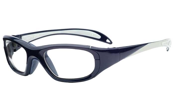 A pair of sleek, sporty RecSpecs Maxx 20 Baseball glasses with dark, wrap-around frames and clear lenses. The temples are designed with a mix of dark and light colors, providing a modern and dynamic look.