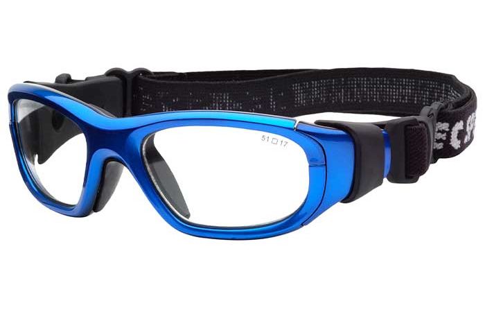 A pair of blue RecSpecs Maxx 21 sports goggles with clear lenses and an adjustable black strap. The goggles have a sturdy frame designed for protection, suitable for various sports activities.