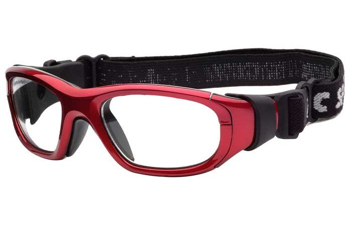 A pair of red RecSpecs Maxx 21 sports goggles featuring clear lenses and a black adjustable strap. The RecSpecs goggles have a sleek, aerodynamic design suitable for protection during physical activities.