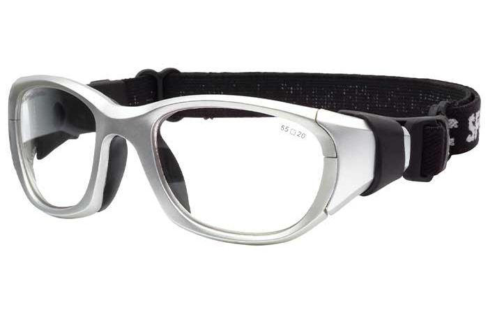 A pair of RecSpecs Maxx 31 protective sports glasses with a silver frame and clear lenses. The glasses feature a black adjustable elastic strap for secure fitting during physical activities.