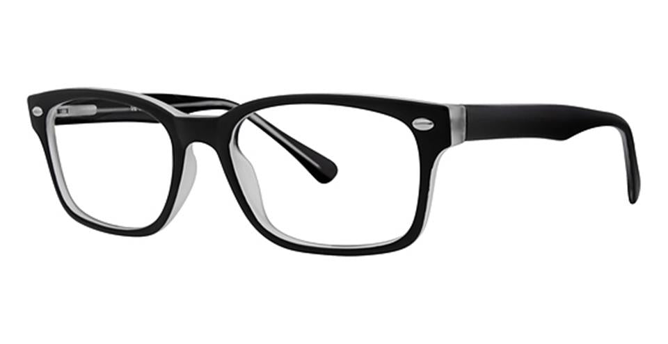 A pair of black rectangular eyeglasses with a slight curve in the temples. The frame, made of durable plastic, features a glossy finish and metal accents near the hinges. With clear lenses designed for prescription or fashion use, these glasses also come equipped with a spring hinge for added comfort. Introducing the Metro 32 by Vivid.