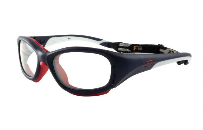 An image of protective sports glasses with a black and white frame, clear lenses, and red padding around the inner edges. The glasses have an adjustable black strap for a secure fit. The product is the RecSpecs Slam Patriot by RecSpecs.