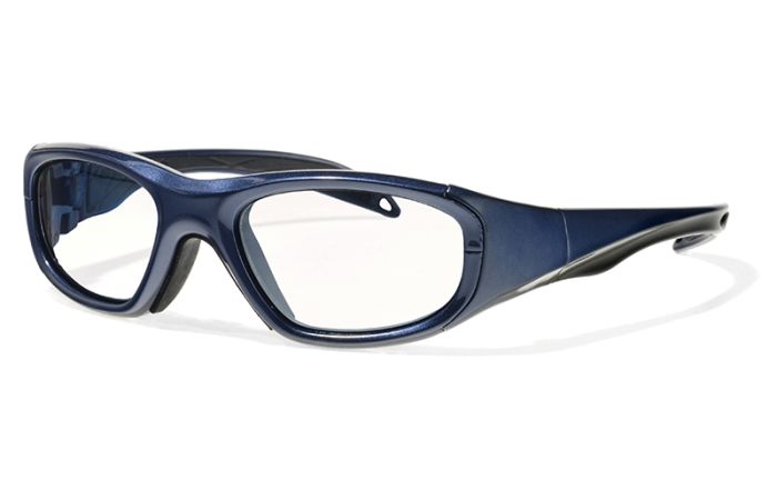 A pair of sleek, dark blue RecSpecs Morpheus 1 safety glasses with clear lenses. The glasses have a wraparound design with sturdy, streamlined frames and padded nose pieces for comfort. The overall style suggests they are designed for protective purposes.