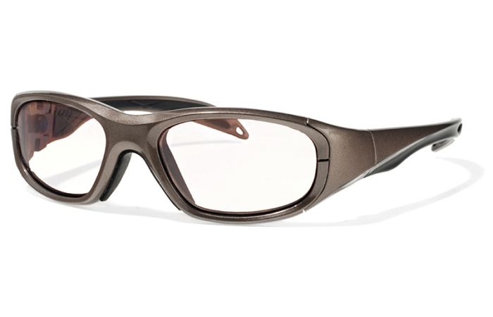 A pair of RecSpecs Morpheus 1 safety glasses with a sleek brown frame and clear lenses. The design includes a sturdy bridge and wraparound arms for a secure fit. The overall look is robust and functional, aimed at providing eye protection.
