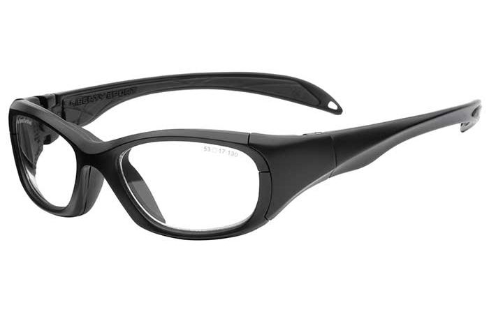 A pair of sleek, black RecSpecs MS1000 sports glasses with thick frames and clear lenses. The arms of the RecSpecs are sturdy, extending to wrap slightly around the back of the head for a secure fit. The design appears to focus on both style and functionality.