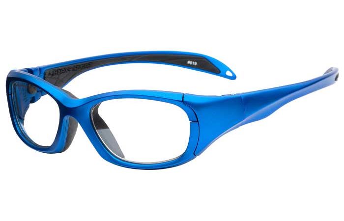 A pair of blue sport goggles with clear lenses, featuring a sleek design and sturdy frame for secure wear during physical activity. The RecSpecs MS1000 by RecSpecs have a wraparound style and an adjustable nose bridge for comfort.
