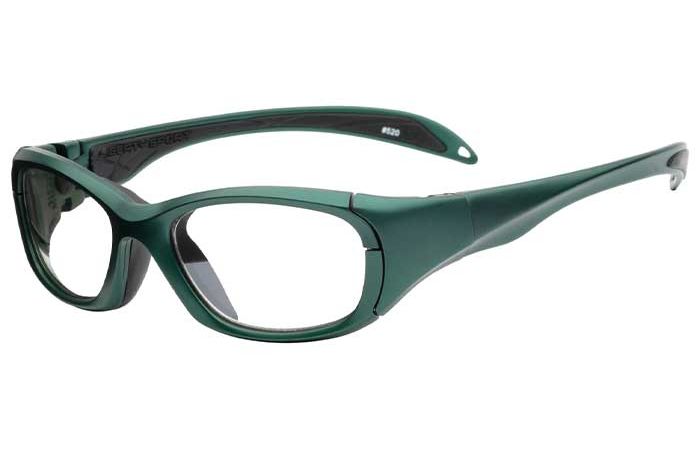 A pair of green RecSpecs MS1000 safety glasses with wraparound design and clear lenses. The glasses have a solid, robust look with thick frames and side shields for additional protection.