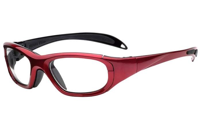 RecSpecs Maxx 20 by RecSpecs: Red sporty wraparound glasses with black, flexible temple arms and clear lenses. The frame features a sleek, aerodynamic design, providing both style and functionality. Suitable for both sports and everyday use.