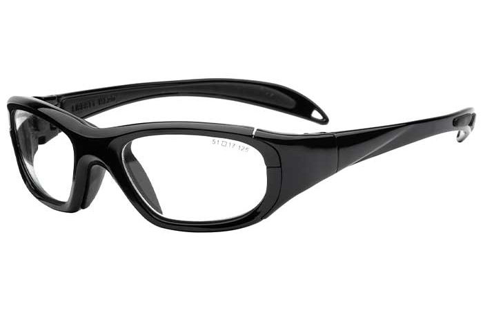 A pair of RecSpecs Maxx 20 black wraparound safety glasses with clear lenses. The frame is thick and appears durable, designed to provide comprehensive eye protection. The temple arms are curved for a secure fit around the head.