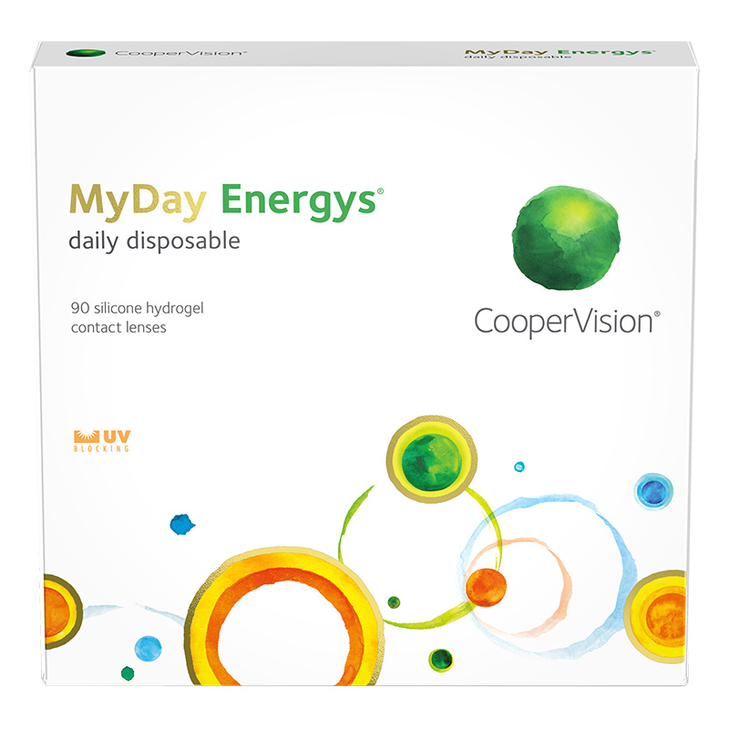 The image shows the packaging of Alcon's MyDay® Energys® 90-pack daily disposable contact lenses. The box features a white background with colorful circular patterns, promoting relief from digital eye strain and catering to modern lifestyles. It also indicates 90 silicone hydrogel lenses and UV blocking information.