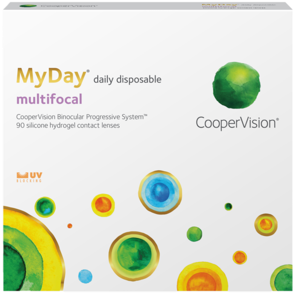 Image of a white box of MyDay® Multifocal 90-pack daily disposable contact lenses by Alcon. The box features colorful abstract circles, with one large green and yellow circle in the bottom left corner. The text highlights UV blocking and 90 silicone hydrogel lenses, made with Smart Silicone chemistry.