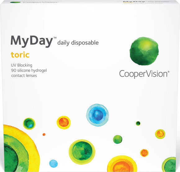 The image shows a white box of MyDay® toric 90-pack lenses by Alcon. The packaging features abstract circular designs in green, yellow, and blue. Text indicates the lenses are UV blocking and made of silicone hydrogel material with 90 lenses per box, utilizing Smart Silicone chemistry for enhanced comfort.