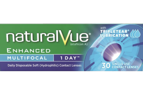 A close-up of a NaturalVue Enhanced Multifocal 1 Day contact lens by Vti Vision.