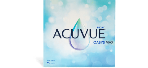 A package of Johnson & Johnson ACUVUE® OASYS® Max 1-Day contact lenses. The box showcases a large water droplet at the center against a soft, blue, and white bokeh background. With blue-light filtering and moisture-locking technology, the text highlights the brand name, product name, and quantity of 90 lenses.