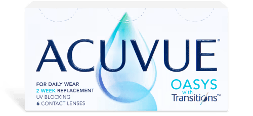 A box of ACUVUE® OASYS with Transitions™ contact lenses. The box prominently features the Johnson & Johnson logo and details such as "For Daily Wear," "2 Week Replacement," "UV Blocking," and includes 6 contact lenses.