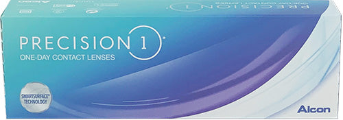 A box of PRECISION1® one-day contact lenses from Alcon features a gradient blue and purple design with the "SmartSurface Technology" label. The branding and product details are prominently displayed on the packaging, ensuring all-day comfort and hassle-free handling.