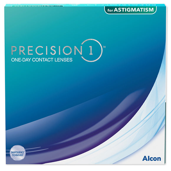 A blue and white box with text, featuring PRECISION1® for Astigmatism from Alcon.