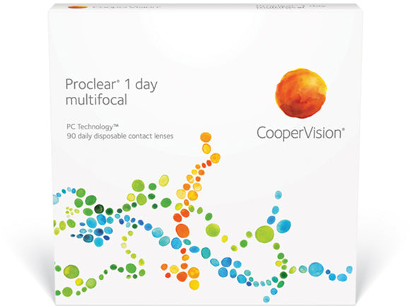 A box with colorful circles and text, designed for Proclear® 1 day multifocal 90-pack lenses by Alcon that cater to presbyopia.