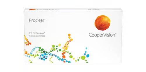 A white box with colorful circles and text, featuring Alcon Proclear® sphere 6-pack contacts for continuous comfort, enhanced by advanced PC Technology.
