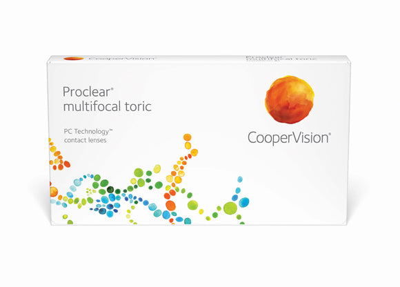 A white box with colorful circles and text, designed for Alcon Proclear® multifocal toric 6-pack contacts, caters to those with presbyopia and astigmatism.