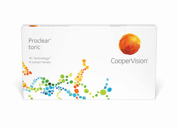 A white box of Alcon Proclear® toric 6-pack contact lenses for astigmatism, featuring six lenses. The packaging highlights "PC Technology™" and has a design of colorful abstract dots and a bright orange circle in the upper right corner along with the Alcon logo next to it.