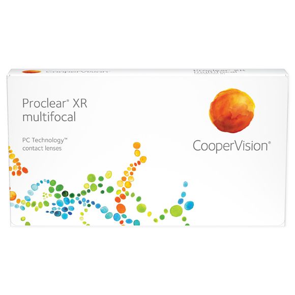 A white box of Proclear® multifocal XR 6 pack contact lenses. The design includes colored abstract patterns in blue, green, and orange on the lower left side. Equipped with Balanced Progressive Technology, the Alcon logo, an orange circle, is on the upper right corner.