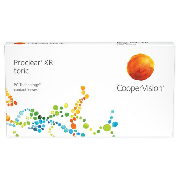 A white box with colorful circles and text, featuring Alcon Proclear® XR toric 6-pack contact lenses.