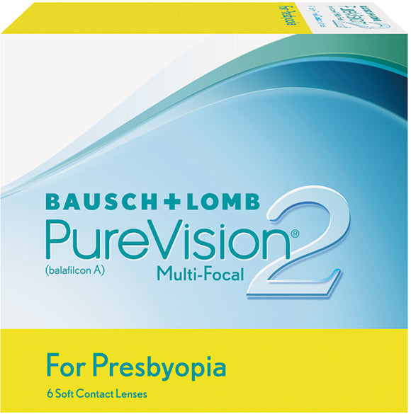 A sleek box with a logo provides a comfortable feel, promising clear vision with every use of PureVision®2 Multi-Focal for Presbyopia 6-pack by Bausch & Lomb.