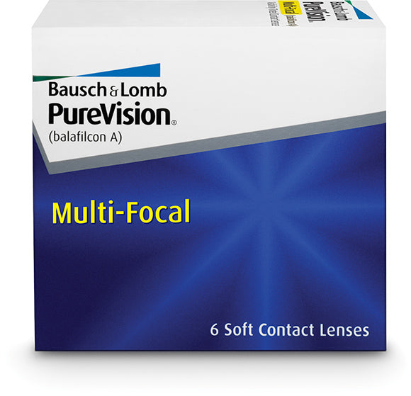 A blue and white box of Bausch & Lomb PureVision® Multi-Focal 6-pack contact lenses, featuring the "Balafilcon A" material and containing 6 soft silicone hydrogel lenses.