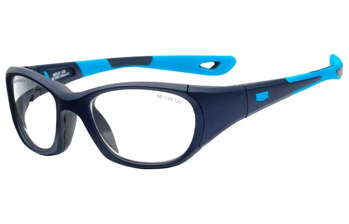 The RecSpecs Replay XL by RecSpecs is a pair of blue and black sports eyeglasses with a sleek design. The frame features blue accents on the arms and a sturdy build suitable for athletic activities. The lenses are clear, and the arms have a slight curve for a secure fit.