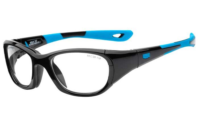 A pair of black and blue RecSpecs Replay XL sports glasses with thick, sturdy frames and clear lenses. The temples feature a mix of black and blue shades, with the tips being blue and having an oval-shaped hole. The glasses appear to be durable, likely designed for active use.