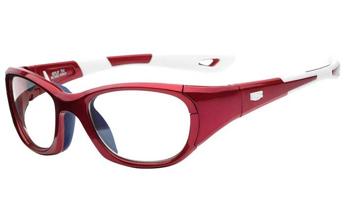 Red and white RecSpecs Replay XL sports glasses with a wraparound design and polycarbonate lenses. The RecSpecs feature thick red frames with white accents along the arms and nose pads for added comfort.