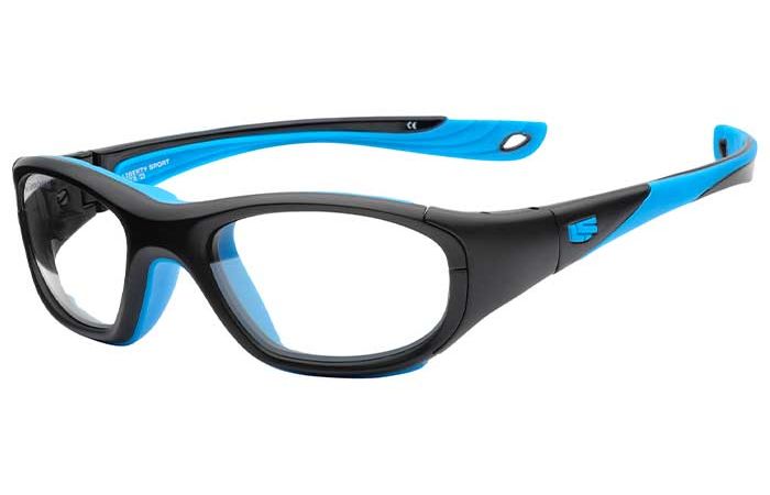 A pair of stylish RecSpecs RS-40 sports glasses with black and blue frames. The temples are blue on the inside and black on the outside, with a small RecSpecs logo on the temple arms. The RecSpecs RS-40 glasses have a sleek, modern design suitable for active use.