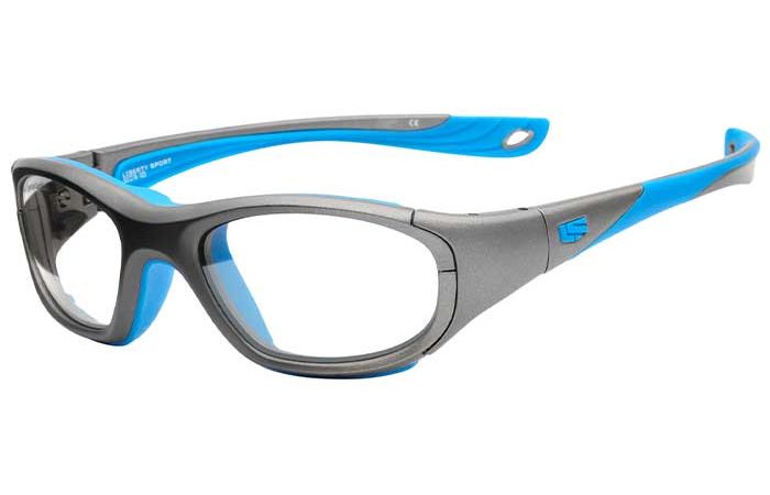 A pair of RecSpecs RS-40 featuring a sleek design with blue and gray frames. The frames are wraparound style, providing full coverage. The lenses are clear, and the earpieces have a blue and gray pattern, ensuring a secure and comfortable fit.