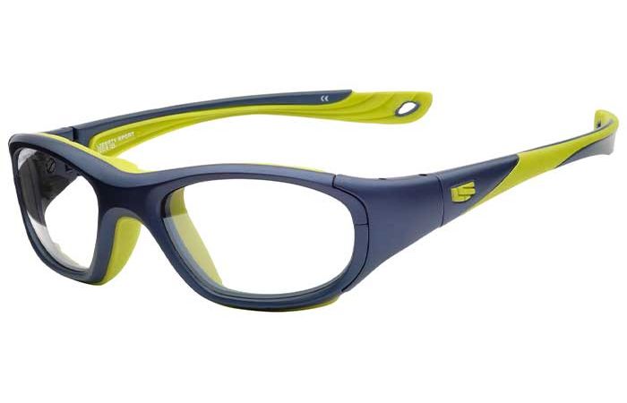 A pair of RecSpecs RS-40 eyeglasses with a navy blue and neon green frame. The design is wraparound, providing extra coverage and protection, suitable for physical activity or sports. The inner side of the arms features a neon green layer for added style.