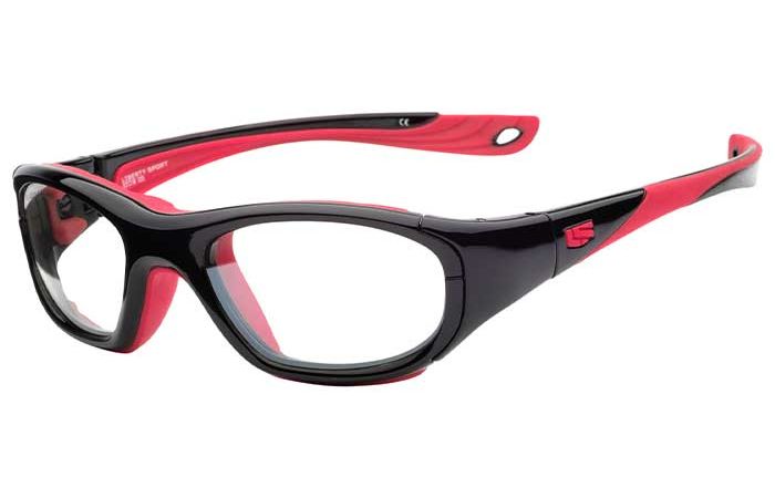 A pair of RecSpecs RS-40 by RecSpecs featuring a sleek black and red frame. The design includes thick, durable arms with red accents and a subtle logo on the hinge. The lenses are clear, suited for either prescription or protective purposes.