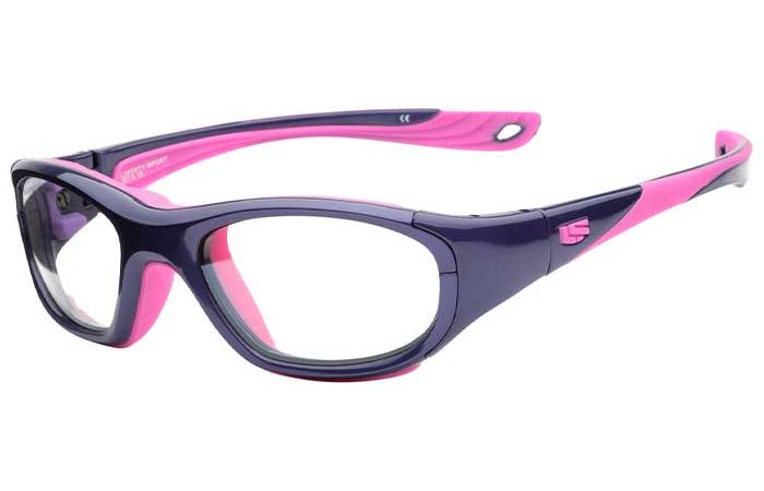 A pair of RecSpecs RS-40 sports glasses by RecSpecs. The frame is predominantly purple with pink accents and cushioning. Clear lenses are framed by a thick, curved structure designed for durability and impact resistance. The design is sleek and modern.