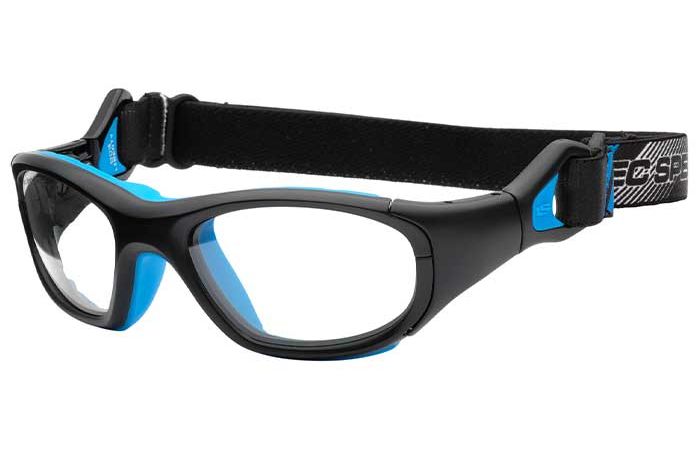 A pair of RecSpecs RS-41 black sports goggles with clear lenses and blue padding inside the frames. The goggles feature an adjustable black strap with blue accents and RecSpecs branding on the sides.