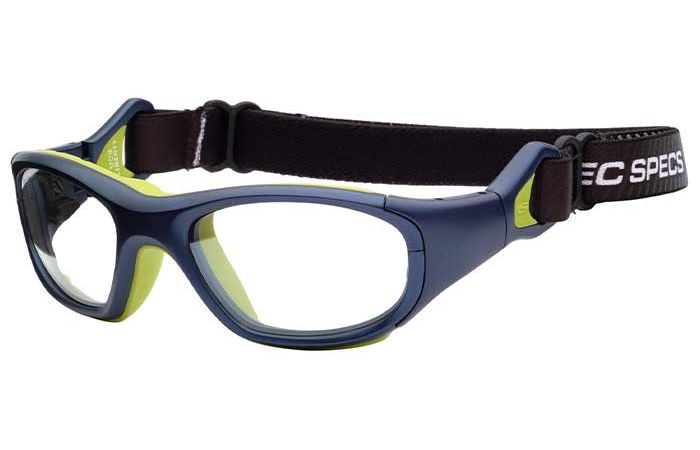 A pair of RecSpecs RS-41 sports goggles with a black and yellow frame and an adjustable black elastic head strap. The word "SPECS" is printed in white on the strap.