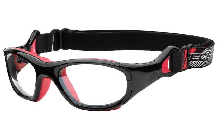 A pair of RecSpecs RS-41 by RecSpecs with clear lenses and a red interior. The goggles have an adjustable elastic strap for a secure fit, featuring a patterned end section with red accents.