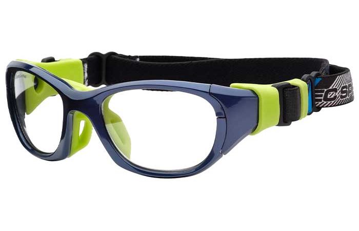 Image of RecSpecs RS-51 kids' sports goggles by RecSpecs with a blue and green frame and an adjustable black strap. The goggles feature clear lenses and extra padding on the inside for comfort and safety.