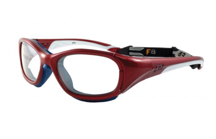 RecSpecs Slam Patriot sports goggles with red and white frames, clear lenses, and an adjustable black strap featuring "F8" in white. The goggles appear to be designed for safety and comfort during physical activities.