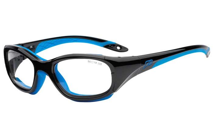 A pair of black and blue RecSpecs Slam XL safety glasses with a wrap-around design and clear lenses. The frames feature blue accents on the temples and ear grips. The model number "SGC1135" is visible on the inner side of the right temple.